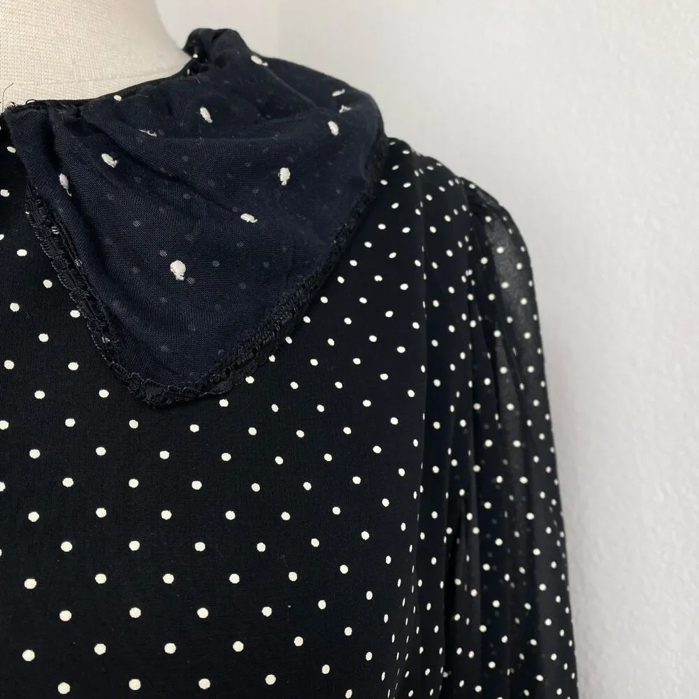 Vtg Black White Embroidered Dress XL Polka Dots Button Front Long Sleeves Boho